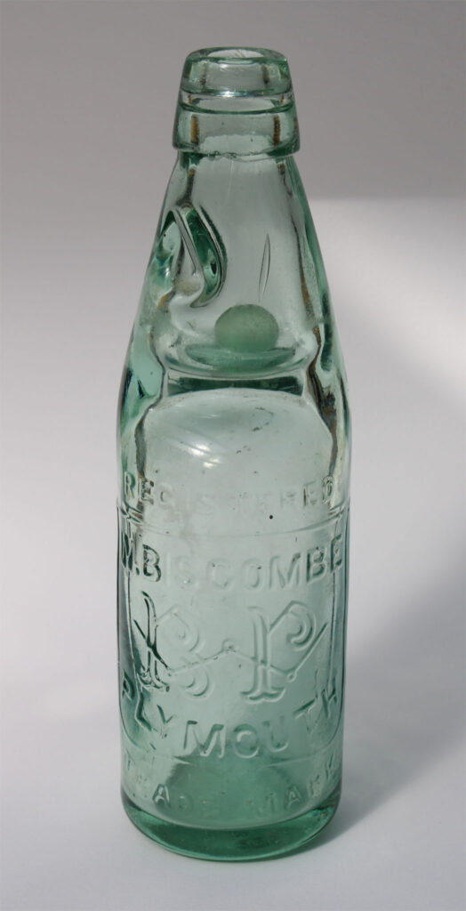 W. Biscombe Plymouth BP Codd bottle - complete - for mineral water, 1895. Bottle manufacturer: Cannington Shaw & Co. Ltd. St Helens.