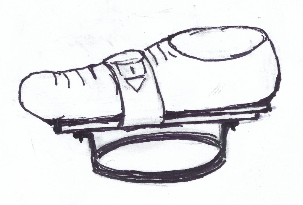 a shoe of the period strapped to the board riveted to a patten, drawing by Liz Wilkins